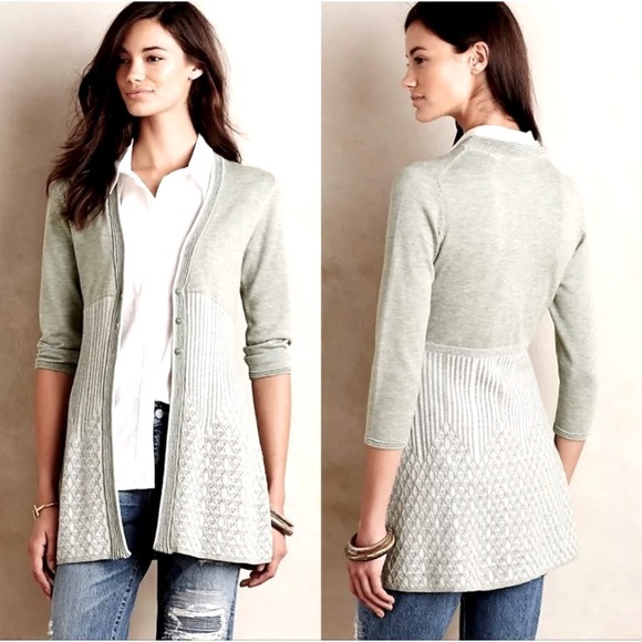 Anthro Rosie Neira Gray Wool Blend Crochet Knit Ribbed Cardi Cardigan Sweater - Picture 2 of 9